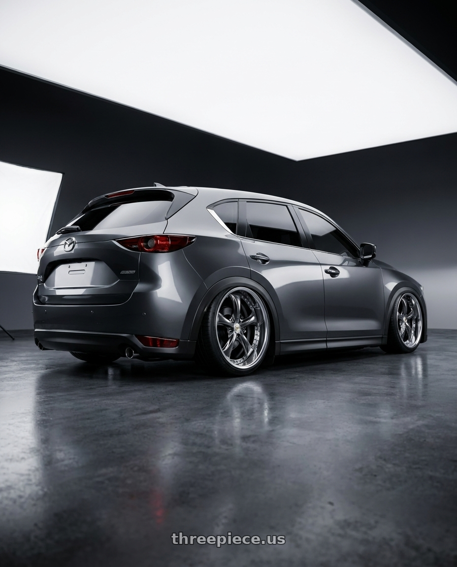 2026 Mazda CX-5 with Work Wheels VS-KF 5X114.3 19x9+15 Brilliant Silver Black A Disk FULL REVERSE wheels rear three quarter view slight stretch tires