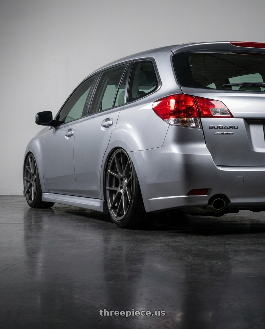 2011 Subaru Legacy Wagon with Avant Garde Wheels M510 5X130 19x11 +52 Dolphin Grey wheels rear three quarter view slight stretch tires