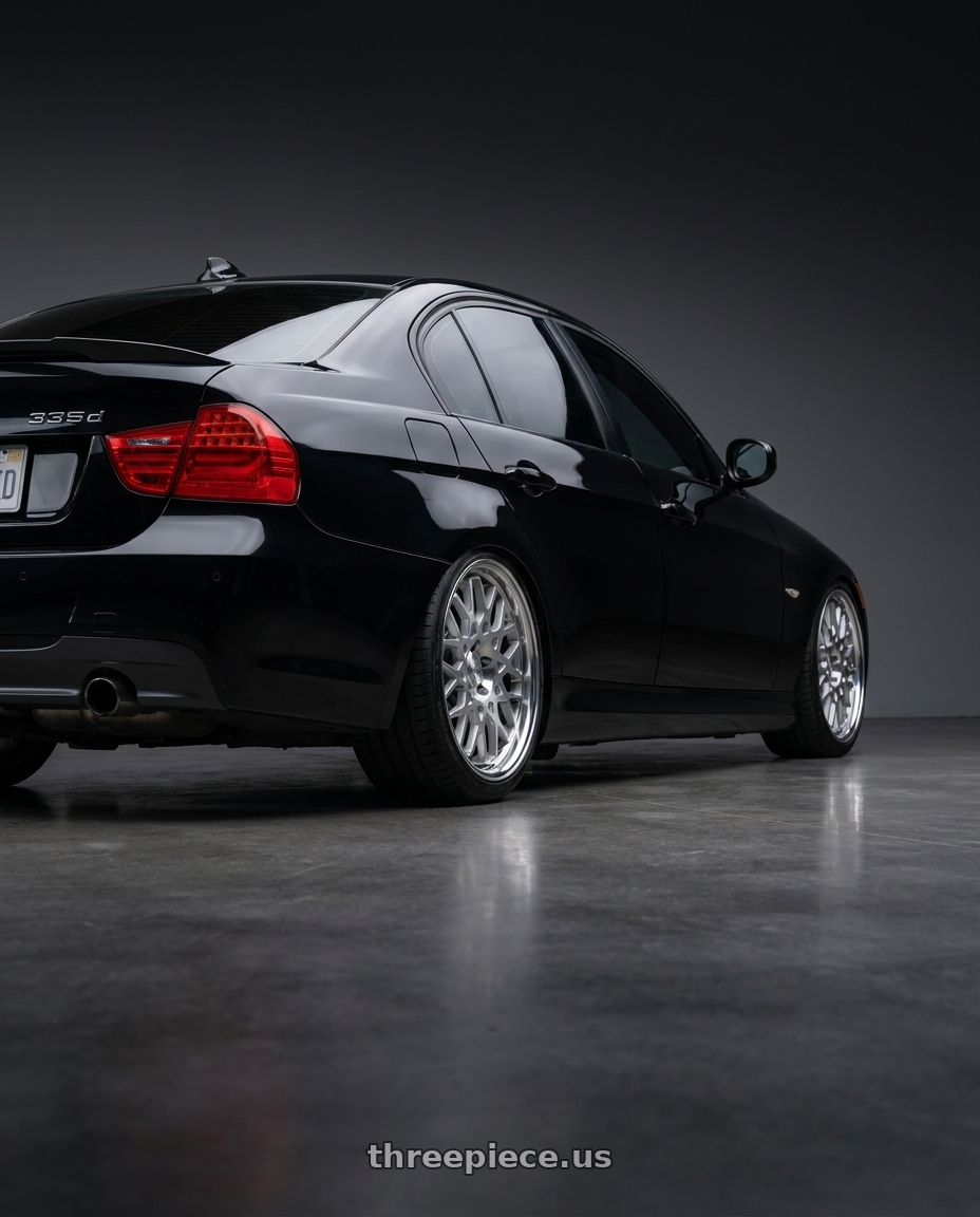 2011 bmw 335d with Work Seeker Cx 5x120 18x9.5+30 A Disk Matte Silver Polish wheels rear three quarter view square tires