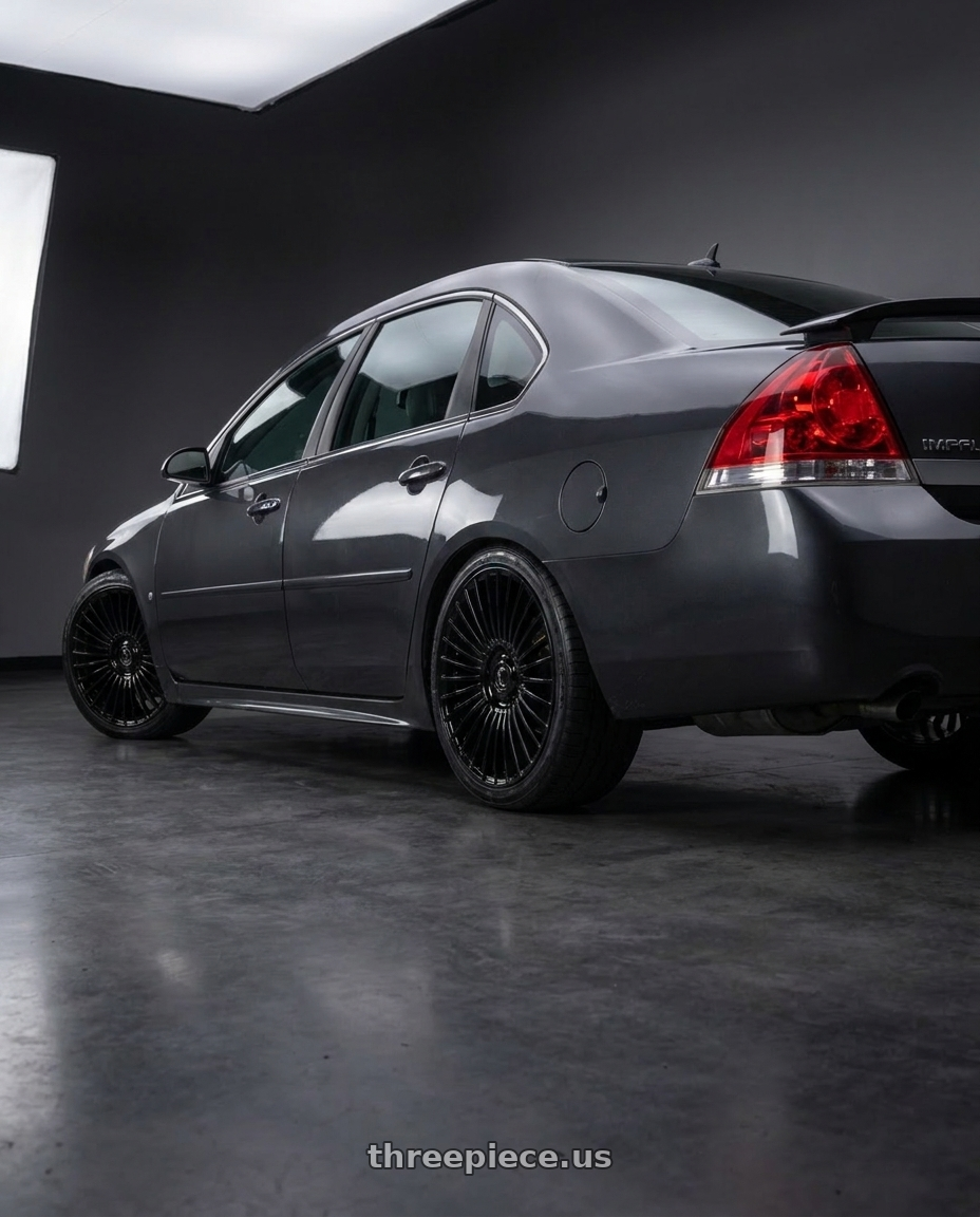 2014 Chevrolet implala limited ltz with DOLCE PERFORMANCE PISTA 5x114.3 19x8.5 +35 Gloss Black wheels rear three quarter view square tires