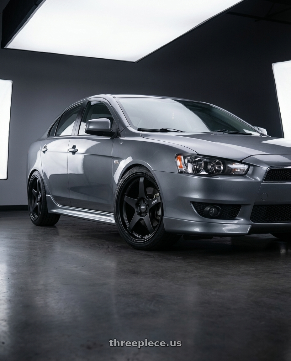 2014 Mitsubishi Lancer Ralliart with ESR Wheels APEX SERIES AP5 5x114.3 18x9.5 +22 Matte Black wheels front three quarter view lowered stance