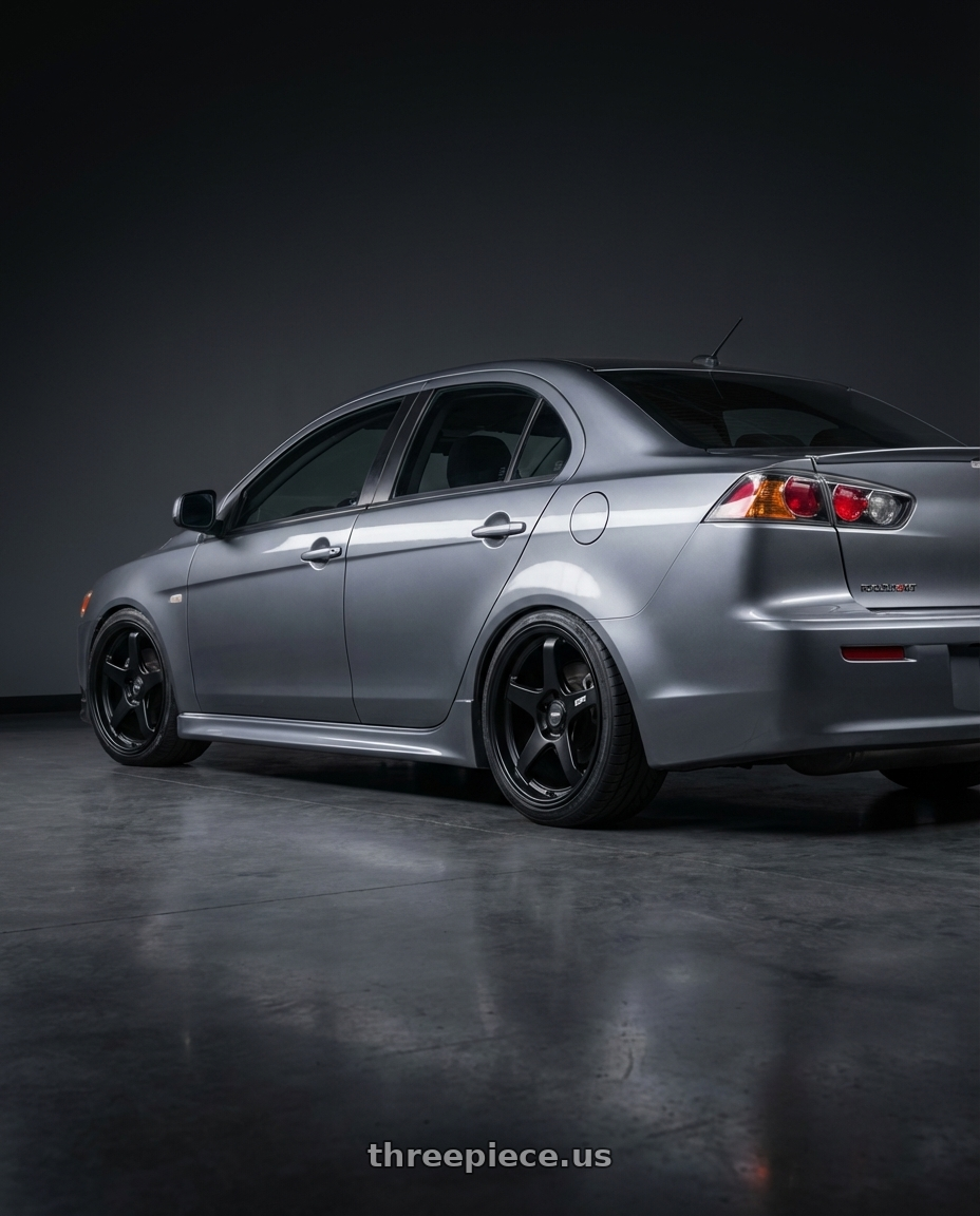 2014 Mitsubishi Lancer Ralliart with ESR Wheels APEX SERIES AP5 5x114.3 18x9.5 +22 Matte Black wheels rear three quarter view square tires