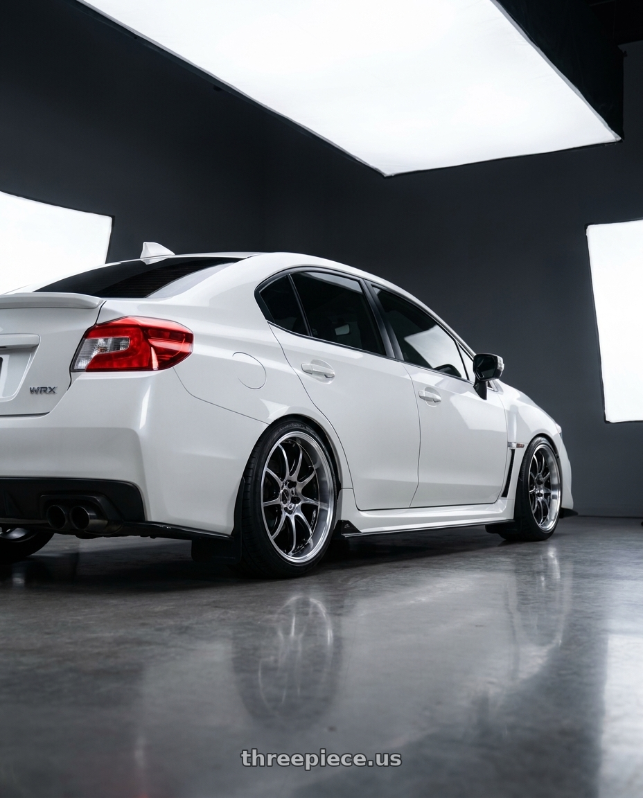 2017 Subaru WRX Limited Crystal with Work Emotion D9r 5x100 18x9.5 +38 Gt Silver Rim Cut wheels rear three quarter view slight stretch tires